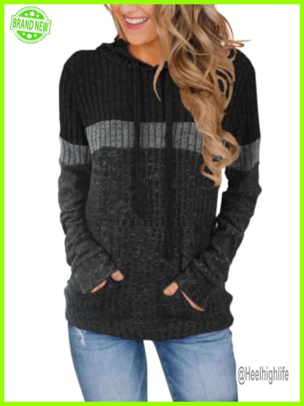 Cozy Ribbed Knit Hoodie Drawstring Kangaroo Pocket Sweater Pullover